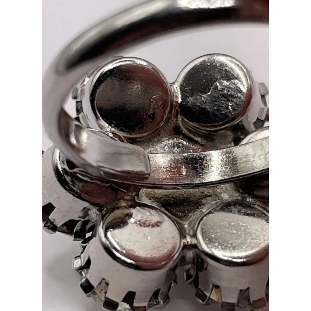 Vintage Clear Rhinestone Prong Set Adjustable Flower‎ Ring Silver Tone 3D Floral - Picture 13 of 15